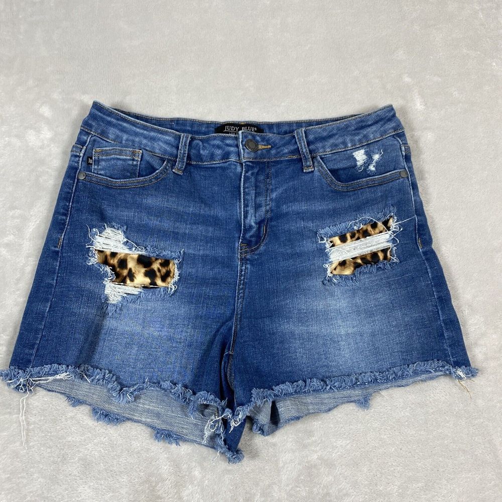 Judy Blue Distressed Dark Blue Jean Shorts with Leopard Patch